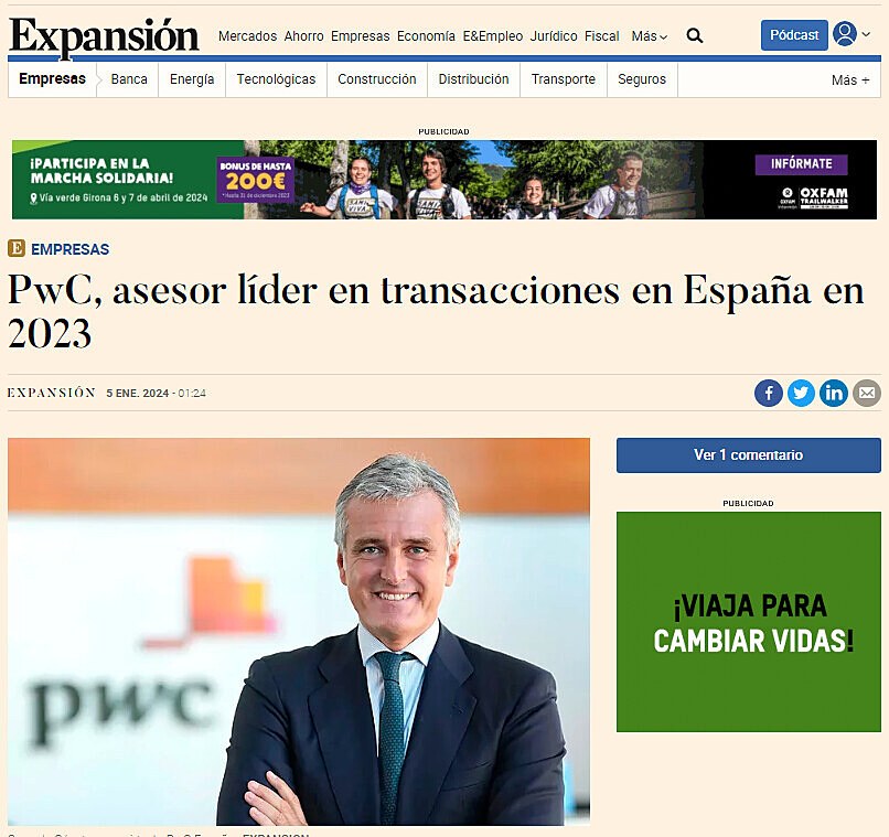 PwC, asesor lder en transacciones en Espaa en 2023